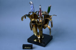 "Antheia" custom handmade knife sculptural chef's set trio with cast bronze and granite stand.