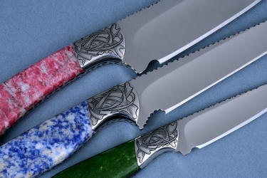 "Antheia" knives engraved bolsters detail in hand-engraved 304 stainless steel with gemstone handles
