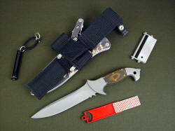 "Anzu" with complete tactical, survival accessory package including diamond pad sharpener, flashlight, magnesium firesteel sharpener, and waterproof belt loop extender