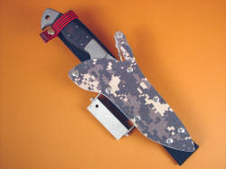 "Arabah" survival, tactical knife, sheathed view with belt loop extender option, fire starter, sharpener accessories