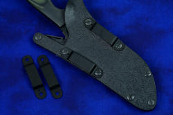 "Arctica" professional tactical, combat, rescue, counterterrorism knife, locking sheath reverse side shown with high and low profile die-formed anodized aluminum belt loops and placement