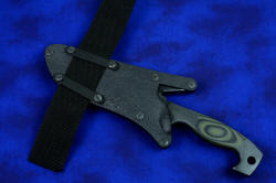 "Arctica" professional tactical, combat, rescue, counterterrorism knife, locking sheath shown with alternate location mounting of flat vertical clamping straps on 2" webbing