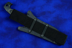 "Arctica" professional tactical, combat, rescue, counterterrorism knife, locking sheath shown with horizontal flat clamping straps with 2" wide webbing