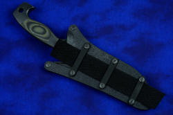 "Arctica" professional tactical, combat, rescue, counterterrorism knife, locking sheath shown with horizontal flat clamping straps and 1.5" wide webbing