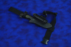 "Arctica" professional tactical, combat, rescue, counterterrorism knife, locking sheath mounted to EXBLX, extended length belt loop extender that is strapped just above knee