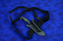 "Arctica" professional tactical, combat, rescue, counterterrorism knife, locking sheath mounted to sternum harness with 2" wide webbing, 1" wide cross-strap, acetyl buckles and utility clips