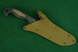 "Arctica" sheathed view. Sheath is all coyote brown, including hardware, fasteners, and anodized aluminum welt frame. 