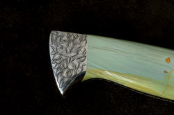 "Argyre" four power enlargement of reverse side rear bolster engraving. Note the curious color pattern in the green landscape jasper gemstone