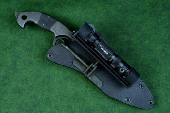 "Ari B'Lilah" Counterterrorism Tactical Knife with HULA flashlight accessory  in T3 cryogenically treated CPM 154CM powder metal technology high molybdenum martensitic stainless steel blade, 304 stainless steel bolsters, Black G10 fiberglass/epoxy composite handle, hybrid tension tab-locking sheath in kydex, anodized aluminum, stainless steel, titanium