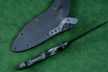 "Ari B'Lilah" Counterterrorism Tactical Knife, inside handle detail  in T3 cryogenically treated CPM 154CM powder metal technology high molybdenum martensitic stainless steel blade, 304 stainless steel bolsters, Black G10 fiberglass/epoxy composite handle, hybrid tension tab-locking sheath in kydex, anodized aluminum, stainless steel, titanium