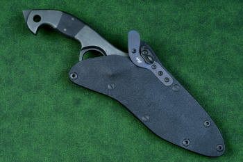 "Ari B'Lilah" Counterterrorism Tactical Knife, hybride tension tab-lock sheath detail  in T3 cryogenically treated CPM 154CM powder metal technology high molybdenum martensitic stainless steel blade, 304 stainless steel bolsters, Black G10 fiberglass/epoxy composite handle, hybrid tension tab-locking sheath in kydex, anodized aluminum, stainless steel, titanium