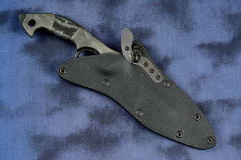 "Ari B'Lilah" Counterterrorism Tactical Knife, sheathed view in T3 cryogenically treated CPM 154CM powder metal technology high molybdenum martensitic stainless steel blade, 304 stainless steel bolsters, Black/Gray G10 fiberglass/epoxy composite handle, hybrid tension tab-locking sheath in kydex, anodized aluminum, stainless steel, titanium