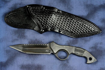"Ari B'Lilah" Counterterrorism Tactical Knife, obverse side view in T3 cryogenically treated CPM 154CM powder metal technology high molybdenum martensitic stainless steel blade, 304 stainless steel bolsters, Black/Gray G10 fiberglass/epoxy composite handle, hybrid tension tab-locking sheath in kydex, anodized aluminum, stainless steel, titanium
