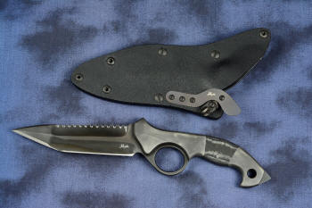 "Ari B'Lilah" Counterterrorism Tactical Knife, obverse side view in T3 cryogenically treated CPM 154CM powder metal technology high molybdenum martensitic stainless steel blade, 304 stainless steel bolsters, Black/Gray G10 fiberglass/epoxy composite handle, hybrid tension tab-locking sheath in kydex, anodized aluminum, stainless steel, titanium