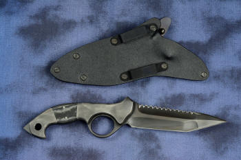 "Ari B'Lilah" Counterterrorism Tactical Knife, reverse side view in T3 cryogenically treated CPM 154CM powder metal technology high molybdenum martensitic stainless steel blade, 304 stainless steel bolsters, Black/Gray G10 fiberglass/epoxy composite handle, hybrid tension tab-locking sheath in kydex, anodized aluminum, stainless steel, titanium