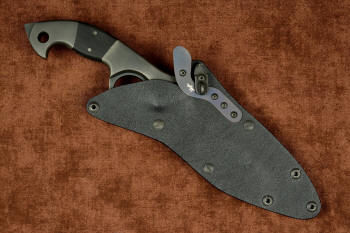 "Ari B'Lilah" Counterterrorism Tactical Knife, sheathed view in T3 cryogenically treated CPM 154CM powder metal technology high molybdenum martensitic stainless steel blade, 304 stainless steel bolsters, Black G10 fiberglass/epoxy composite handle, hybrid tension tab-locking sheath in kydex, anodized aluminum, stainless steel, titanium