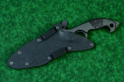 "Ari B'Lilah" Counterterrorism Tactical Knife, sheath back detail, in T3 cryogenically treated CPM 154CM powder metal technology high molybdenum martensitic stainless steel blade, 304 stainless steel bolsters, Black/Red G10 fiberglass/epoxy composite handle, hybrid tension tab-locking sheath in kydex, anodized aluminum, stainless steel, titanium