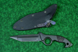 "Ari B'Lilah" Counterterrorism Tactical Knife, obverse side view in T3 cryogenically treated CPM 154CM powder metal technology high molybdenum martensitic stainless steel blade, 304 stainless steel bolsters, Black/Red G10 fiberglass/epoxy composite handle, hybrid tension tab-locking sheath in kydex, anodized aluminum, stainless steel, titanium