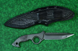 "Ari B'Lilah" Counterterrorism Tactical Knife, reverse view with leather sheath back, in T3 cryogenically treated CPM 154CM powder metal technology high molybdenum martensitic stainless steel blade, 304 stainless steel bolsters, Black/Red G10 fiberglass/epoxy composite handle, hybrid tension tab-locking sheath in kydex, anodized aluminum, stainless steel, titanium