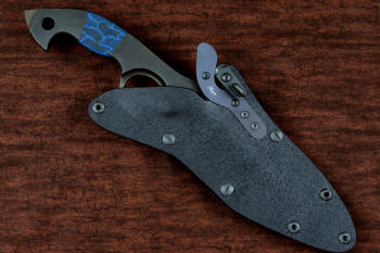 "Ari B'Lilah" counterterrorism, tactical, combat knife, sheathed view with Hybrid tension tab-lock sheath in T4 cryogenically treated 440C high chromium martensitic stainless steel blade, 304 stainless steel bolsters, blue/black tortoiseshell G10, black micarta  handle, hybrid tension tab locking sheath in kydex, anodized aluminum, anodized titanium, black oxide stainless steel