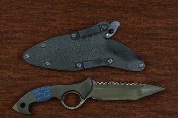 "Ari B'Lilah" counterterrorism, tactical, combat knife, reverse side view in T4 cryogenically treated 440C high chromium martensitic stainless steel blade, 304 stainless steel bolsters, blue/black tortoiseshell G10, black micarta  handle, hybrid tension tab locking sheath in kydex, anodized aluminum, anodized titanium, black oxide stainless steel
