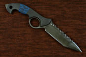 "Ari B'Lilah" counterterrorism, tactical, combat knife, obverse side view in T4 cryogenically treated 440C high chromium martensitic stainless steel blade, 304 stainless steel bolsters, blue/black tortoiseshell G10, black micarta  handle, hybrid tension tab locking sheath in kydex, anodized aluminum, anodized titanium, black oxide stainless steel