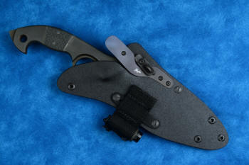 "Ari B'Lilah" counterterrorism, tactical, combat knife, sheathed view with LIMA flashlight accessory in T4 cryogenically treated 440C high chromium martensitic stainless steel blade, 304 stainless steel bolsters, carbon fiber handle, hybrid tension tab locking sheath in kydex, anodized aluminum, anodized titanium, black oxide stainless steel