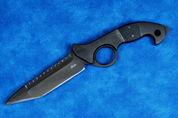"Ari B'Lilah" counterterrorism, tactical, combat knife, obverse side view in T4 cryogenically treated 440C high chromium martensitic stainless steel blade, 304 stainless steel bolsters, carbon fiber handle