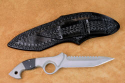"Ari B' Lilah"  Counterterrorism Tactical Combat Knife, reverse side leather sheath view. Sheath is completely double-row stitched in every bonding area with black polyester for ultimate durability.