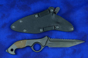 "Ari B'Lilah" Counterterrorism Tactical Knife, reverse side view in T3 cryogenically treated 440 C high chromium  martensitic stainless steel blade, 304 stainless steel bolsters, Kevlar reinforced phenolic handle, hybrid tension tab-locking sheath in kydex, anodized aluminum, stainless steel, titanium