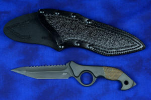 "Ari B'Lilah" Counterterrorism Tactical Knife, obverse side view with leather sheath in T3 cryogenically treated 440 C high chromium  martensitic stainless steel blade, 304 stainless steel bolsters, Kevlar reinforced phenolic handle, hybrid tension tab-locking sheath in kydex, anodized aluminum, stainless steel, titanium