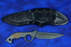 "Ari B'Lilah" Counterterrorism Tactical Knife, reverse side view with leather sheath in T3 cryogenically treated 440 C high chromium  martensitic stainless steel blade, 304 stainless steel bolsters, Kevlar reinforced phenolic handle, hybrid tension tab-locking sheath in kydex, anodized aluminum, stainless steel, titanium