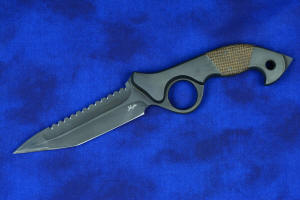 "Ari B'Lilah" Counterterrorism Tactical Knife, obverse side view, blade detail in T3 cryogenically treated 440 C high chromium  martensitic stainless steel blade, 304 stainless steel bolsters, Kevlar reinforced phenolic handle, hybrid tension tab-locking sheath in kydex, anodized aluminum, stainless steel, titanium