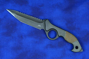 "Ari B'Lilah" Counterterrorism Tactical Knife, obverse side view, handle detail in T3 cryogenically treated 440 C high chromium  martensitic stainless steel blade, 304 stainless steel bolsters, Kevlar reinforced phenolic handle, hybrid tension tab-locking sheath in kydex, anodized aluminum, stainless steel, titanium
