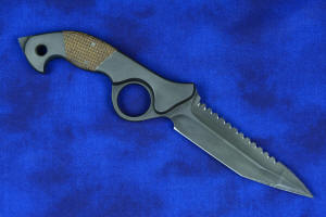 "Ari B'Lilah" Counterterrorism Tactical Knife, reverse side view, blade detail in T3 cryogenically treated 440 C high chromium  martensitic stainless steel blade, 304 stainless steel bolsters, Kevlar reinforced phenolic handle, hybrid tension tab-locking sheath in kydex, anodized aluminum, stainless steel, titanium