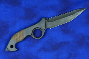 "Ari B'Lilah" Counterterrorism Tactical Knife, reverse side view, handle detail in T3 cryogenically treated 440 C high chromium  martensitic stainless steel blade, 304 stainless steel bolsters, Kevlar reinforced phenolic handle, hybrid tension tab-locking sheath in kydex, anodized aluminum, stainless steel, titanium