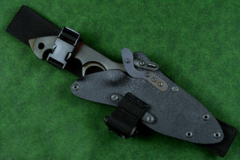 "Ari B'Lilah" counterterrorism, tactical, combat knife, sheathed view with UBLX, LIMA accessories in T4 cryogenically treated 440C high chromium martensitic stainless steel blade, 304 stainless steel bolsters, red/black  G10 handle, hybrid tension tab locking sheath in kydex, anodized aluminum, anodized titanium, black oxide stainless steel