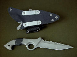 "Ari" Counter-terrorism tactical combat knife, reverse side view. Sheath back shows die-formed high strength alumiunum belt loops, all stainless steel fittings and fasteners