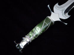 "Ariel" custom handmade dagger, handle detail. Nephrite jade gemstone is polished, fluted, and wire wrapped in sterling silver twist, with stainless steel and nickel silver components
