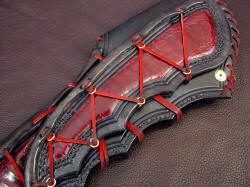 "Artemis" sheath belt loop detail. Massive belt loop has individual tension bindings to match sheath front, and is zigzag stitched with black nylon