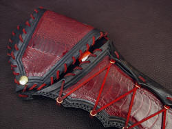"Artemis" sheath front flap detail. Ostrich leg skin was carefully oriented for artistic design, edges are laced