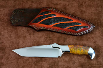 "Axia" Custom tactical knife, obverse side view in CPM 154CM powder metal high molybdenum martensitic stainless steel blade, T3 cryogenically treated blade, 304 stainless steel bolsters, Polvadera Jasper gemstone handle, hand-carved leather sheath, hand-dyed, inlaid with sharkskin, double row stitched