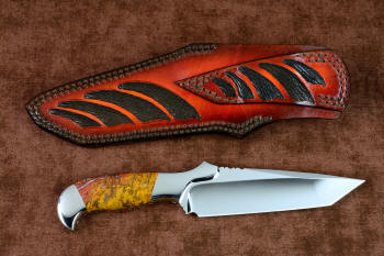 "Axia" Custom tactical knife, reverse side view in CPM 154CM powder metal high molybdenum martensitic stainless steel blade, T3 cryogenically treated blade, 304 stainless steel bolsters, Polvadera Jasper gemstone handle, hand-carved leather sheath, hand-dyed, inlaid with sharkskin, double row stitched