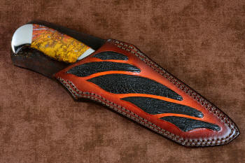 "Axia" Custom tactical knife, sheathed view in CPM 154CM powder metal high molybdenum martensitic stainless steel blade, T3 cryogenically treated blade, 304 stainless steel bolsters, Polvadera Jasper gemstone handle, hand-carved leather sheath, hand-dyed, inlaid with sharkskin, double row stitched
