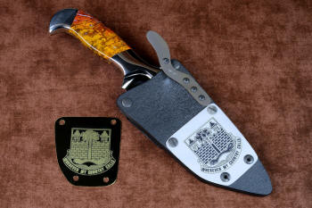 "Axia" tactical custom knife with stainless steel flashplate, black lacquered brass flashplate, emblem 118th Infantry Regiment