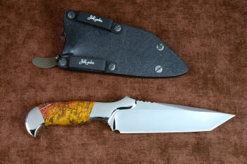 "Axia" Custom tactical knife, reverse side view in CPM 154CM powder metal high molybdenum martensitic stainless steel blade, T3 cryogenically treated blade, 304 stainless steel bolsters, Polvadera Jasper gemstone handle, hybrid tension-locking sheath in kydex, anodized aluminum, stainless steel, titanium