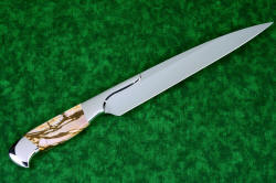 "Bordeaux" fine professional grade knife, reverse side bolster and handle detail in 440C high chromium stainless steel blade treated with T3 cryogenic heat treatment, 304 stainless steel bolsters, Brown Zebra Jasper gemstone handle