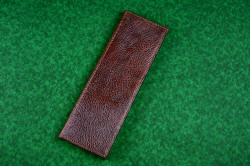 "Bordeaux and Rebanador" fine chef's knives, BBQ knives, book case front view in Bison (American Buffalo) skin, heavy leather shoulder, nylon stitching, stainless steel hardware