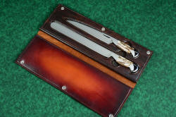 "Bordeaux and Rebanador" fine chef's knives, BBQ knives, book case inside view in Bison (American Buffalo) skin, heavy leather shoulder, nylon stitching, stainless steel hardware