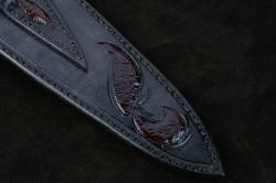 "Bulldog" sheath back leather inlay detail. Sheath is fully stitched with polyester and sealed with acrylic